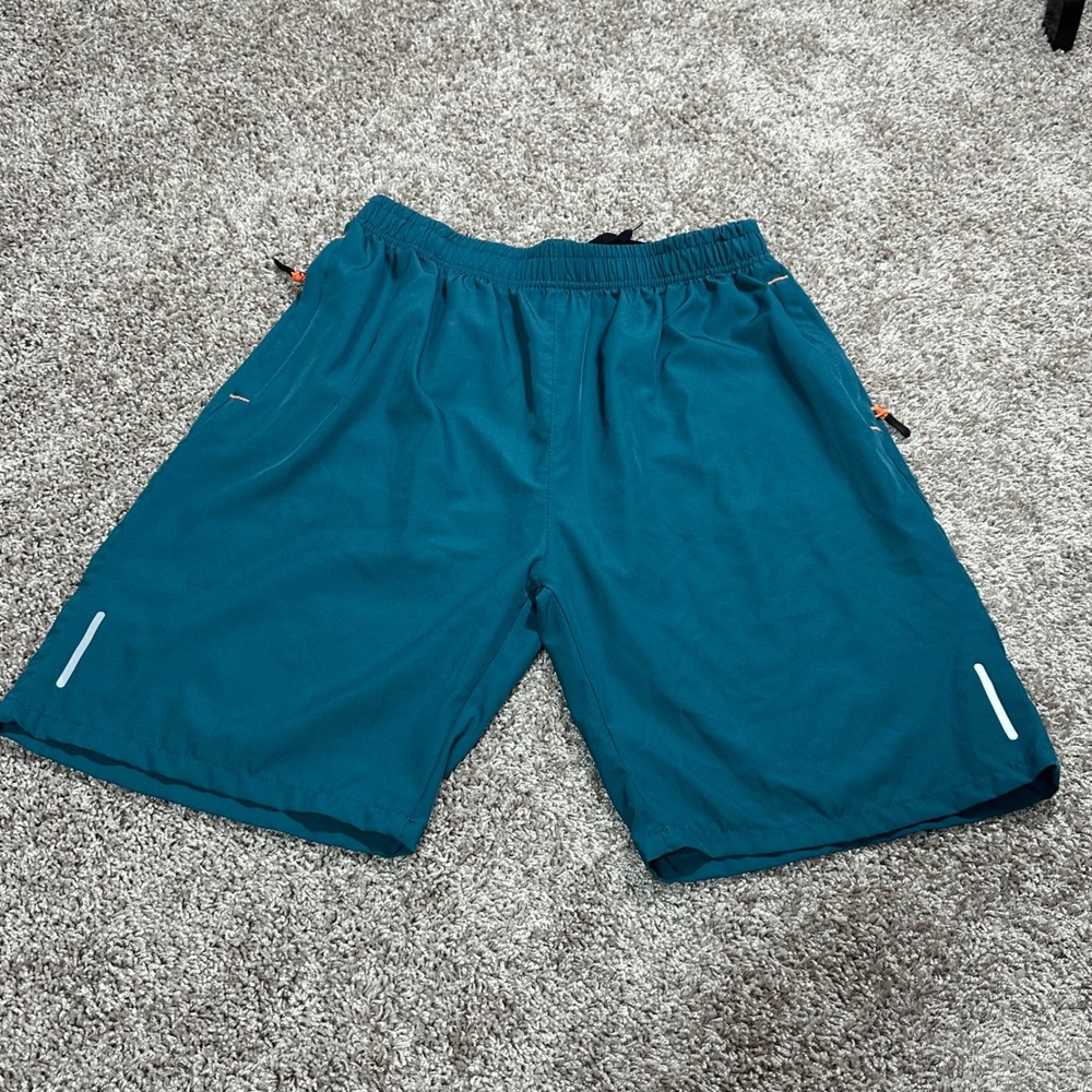 Unbranded Mens Teal Blue Athletic Running Shorts Size L Zipper Pockets Stretch